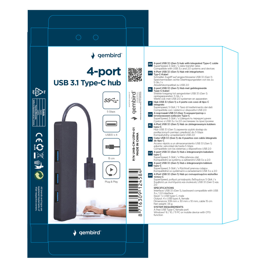 Gembird Gmb Hub USB-C 4-Port U3P4-01 - Black