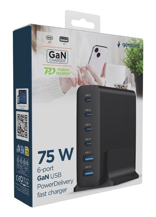Gembird TA-UC-2A4C-PD75-01-BK mobile device charger Universal Black AC Fast charging Indoor - 8716309133876 - image 5