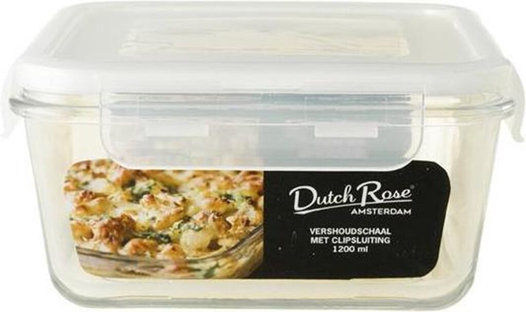 Dutch Rose Square Glass Food Storage Bowl 1200 ml White