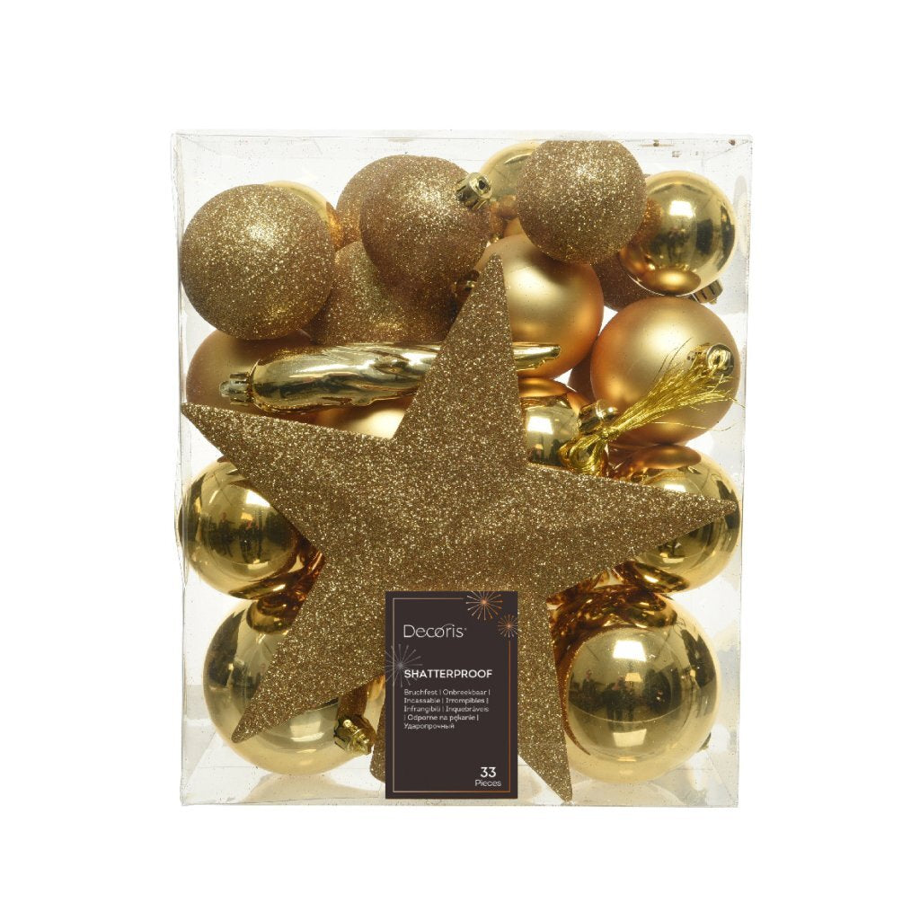 Decoris Christmas Baubles Matte/Glass/Glitter 33 Pieces Gold