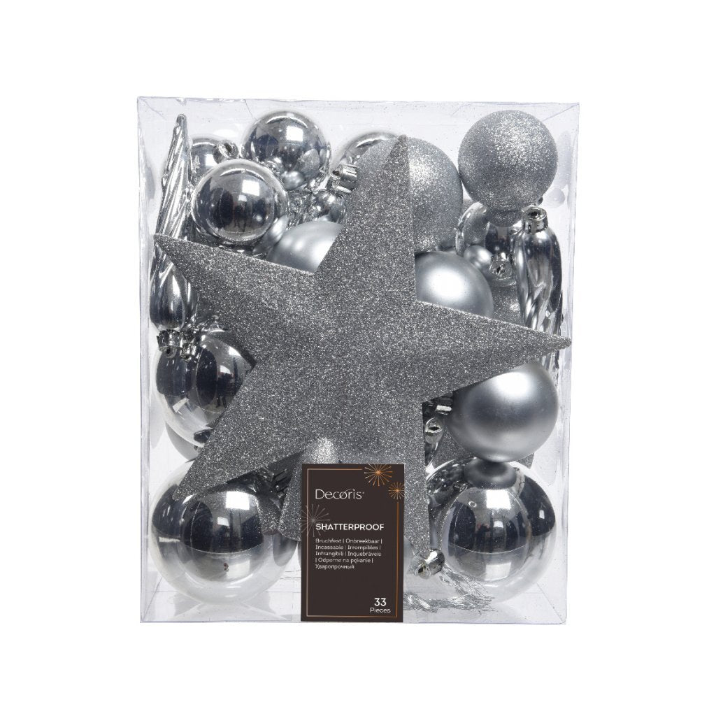 Decoris Christmas Baubles Matte/Glass/Glitter 33 Pieces Silver