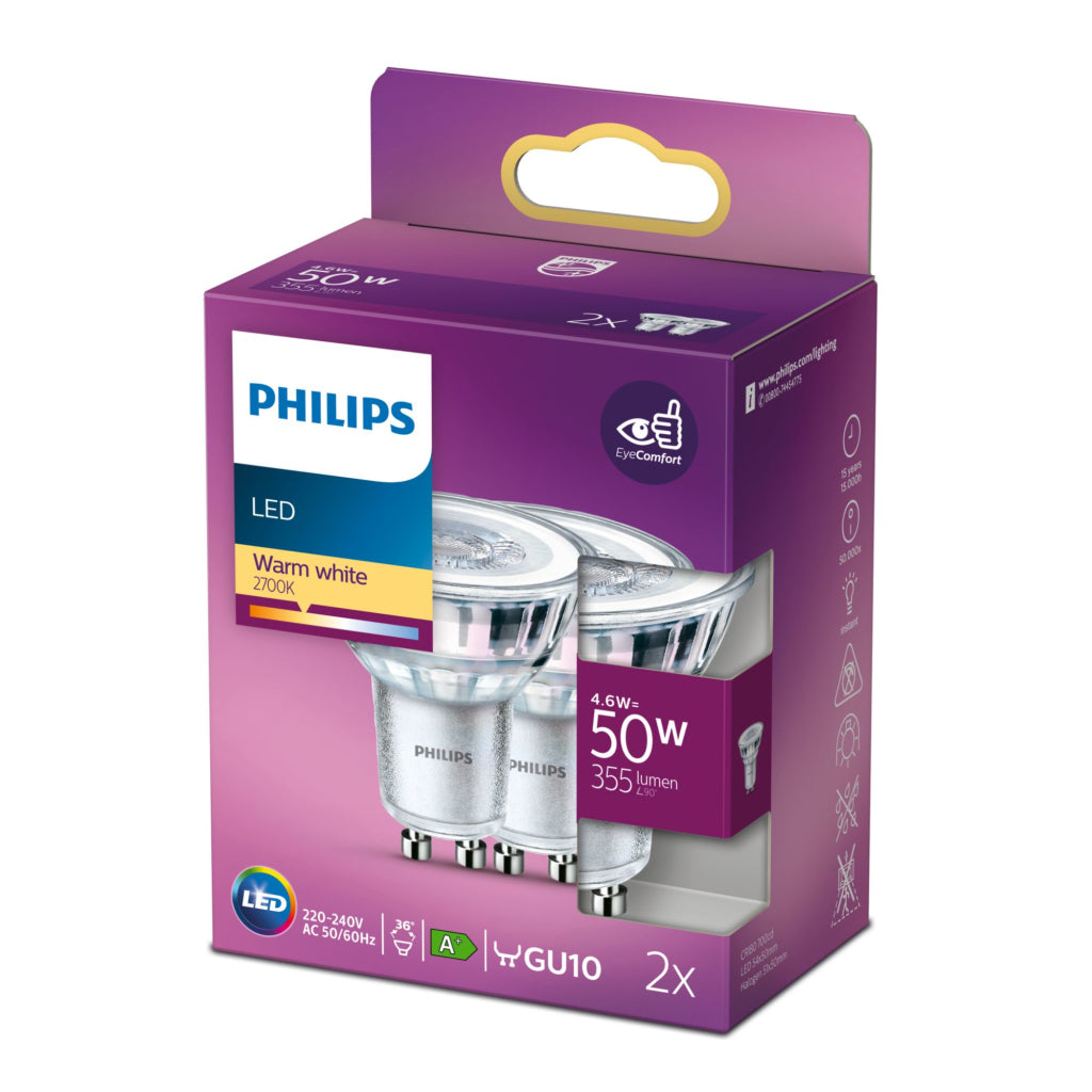 Philips LED Spot 50W GU10 Warm White 2700K - 355lm - 15,000 Hours Lifespan