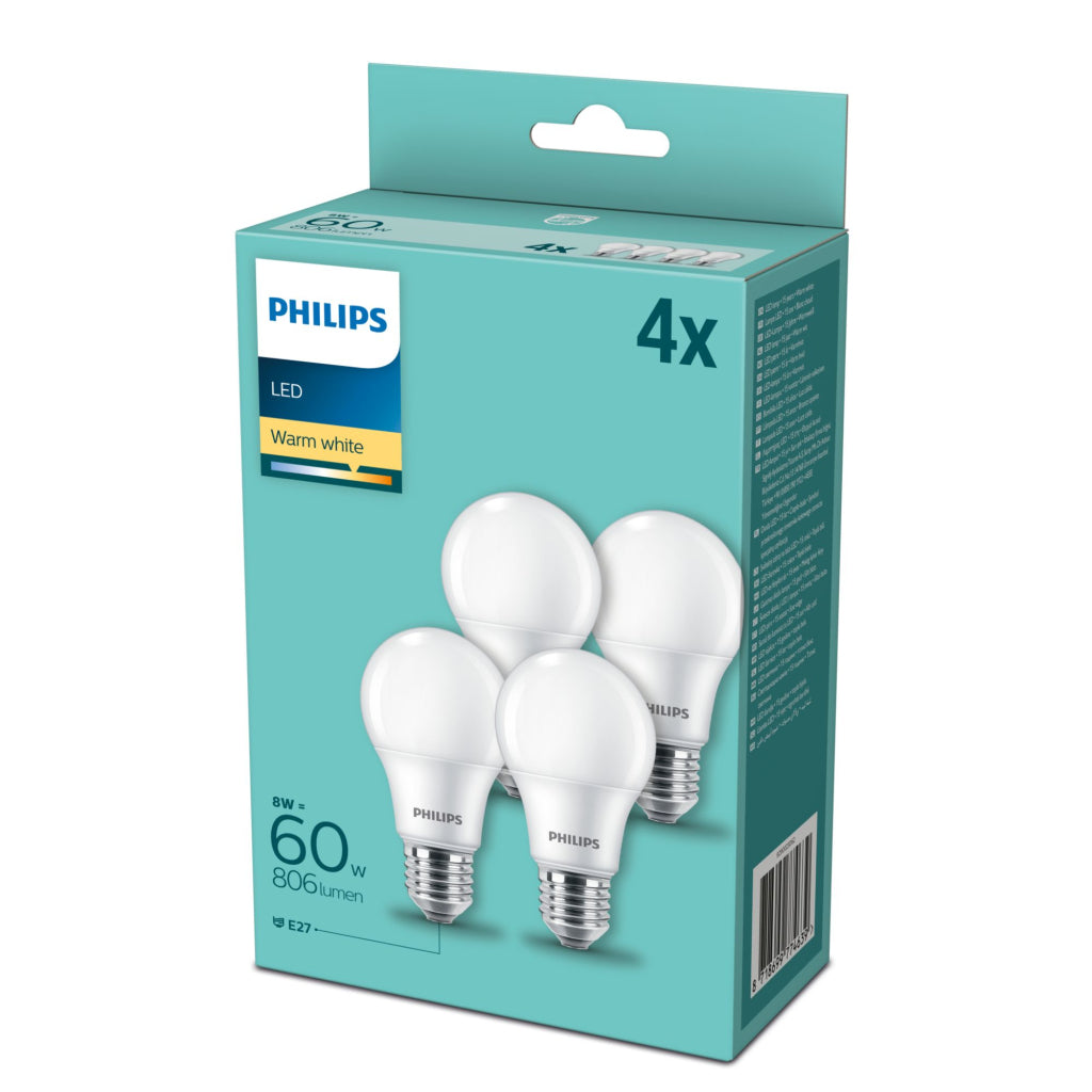Philips LED Bulb 60W E27 Warm White Pack of 4