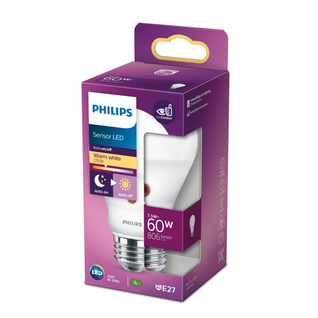 Philips Sensor LED Lamp 60W E27 Warm White - 15,000 Hour Lifespan