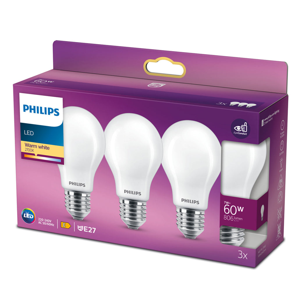Philips LED Bulb A60 Frosted 60W E27 - 806 Lumen - 2700K - 3 Pack