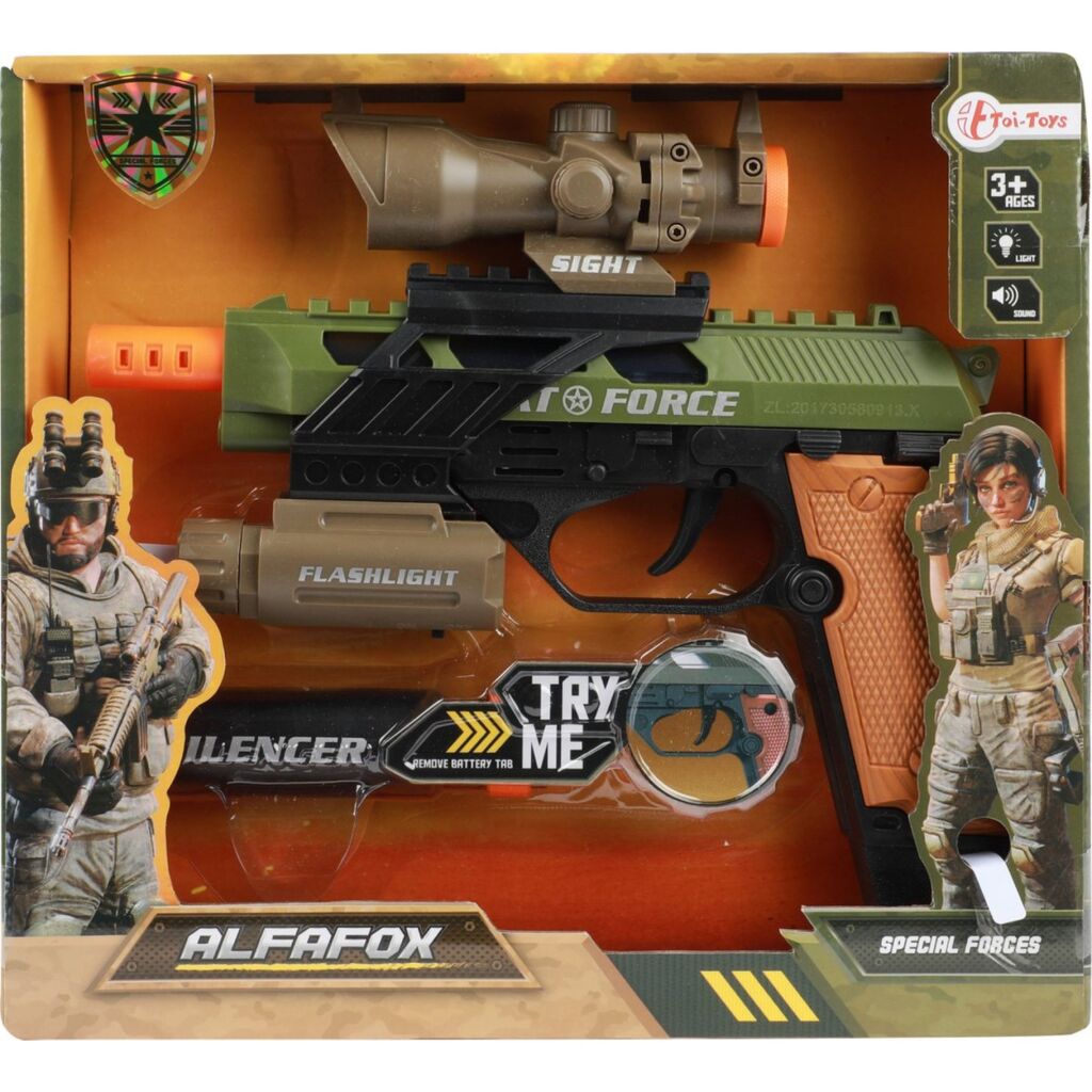 Toi-Toys Alfafox Military Pistol with Silencer + Flashlight + Light and Sound