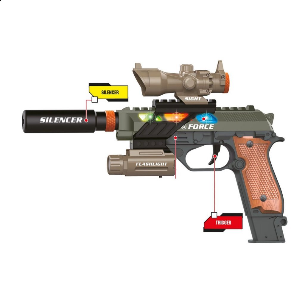 Toi-Toys Alfafox Military Pistol with Silencer + Flashlight + Light and Sound
