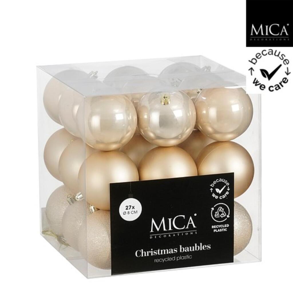 Mica Decorations Christmas Baubles Unbreakable 8 cm 27 Pieces Cream
