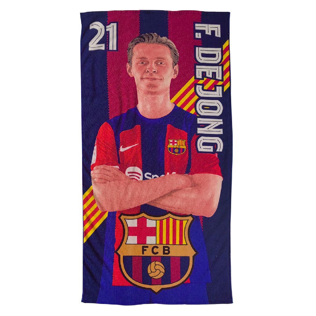 FCB Barcelona Beach Towel with Frenkie de Jong - 100x180 cm, Blue/Red