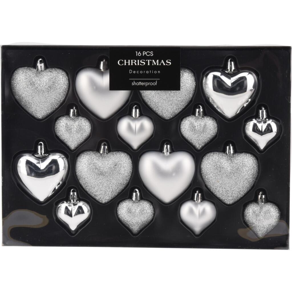 Heart-Shaped Christmas Baubles - Set of 16 Silver