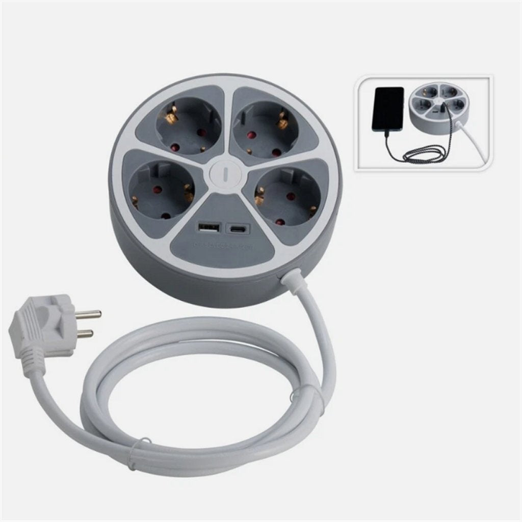 Round 4-Way Power Strip + USB Connection Grey/White