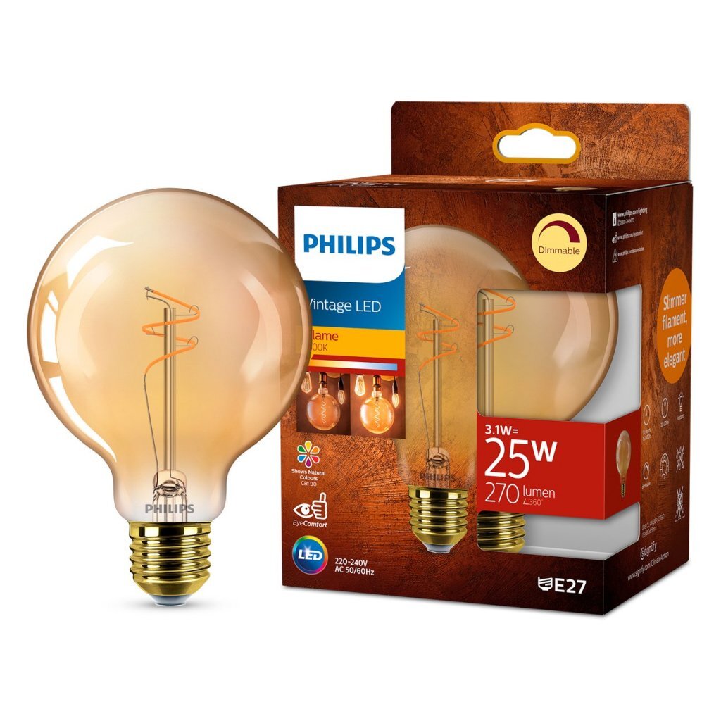 Philips Vintage LED Dimmable Globe G95 E27 60W Amber Glass