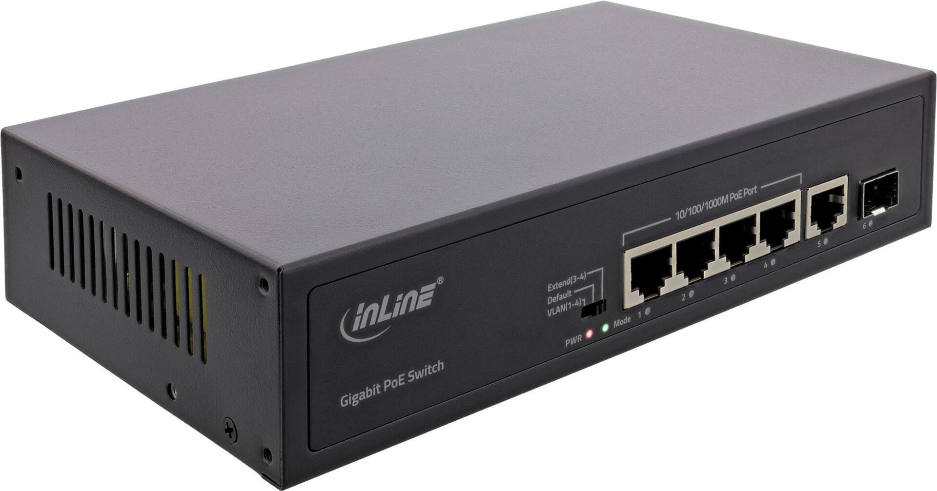 InLine PoE+ Gigabit Network Switch 5 Port 4x PoE+ 1x SFP 1Gb/s Desktop 1xSFP RJ-45 32305R