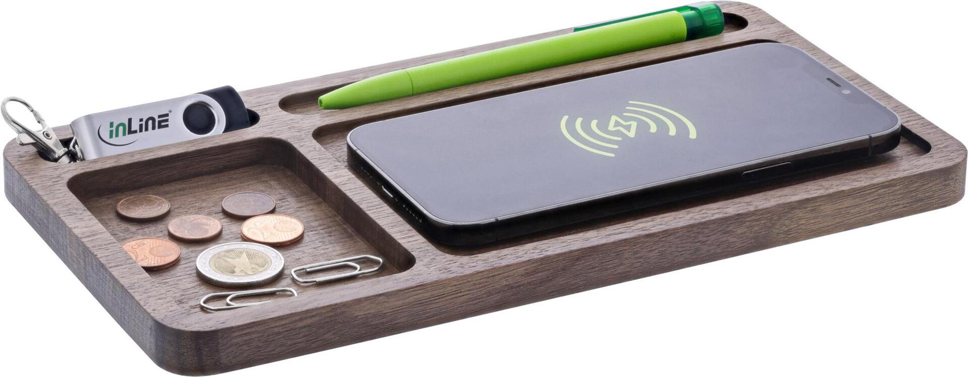 InLine WoodCharge Organizer with Integrated Qi Charging Surface Walnut Wood (33392Y)