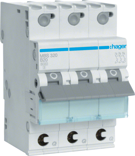 Hager MBS320 Circuit Breaker - 20 A - B-Type - 3 Modules - 52.5 mm Width
