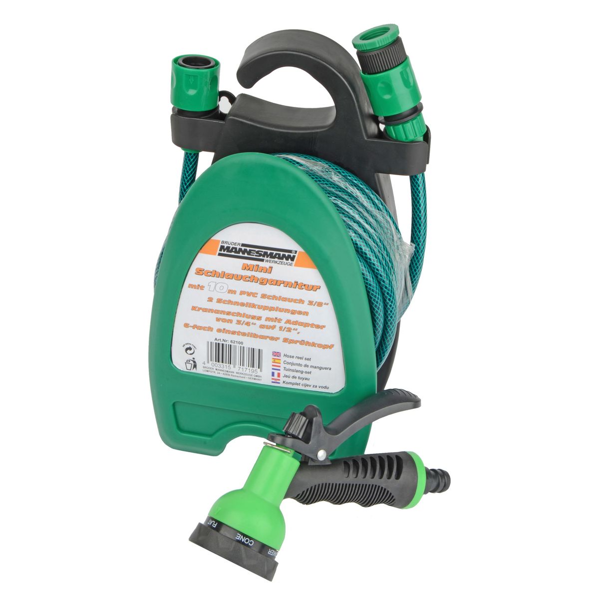 BRÜDER MANNESMANN Mini Hose Set - 10 m - Green - with 10 m PVC Hose and 2 Quick Couplings M62100