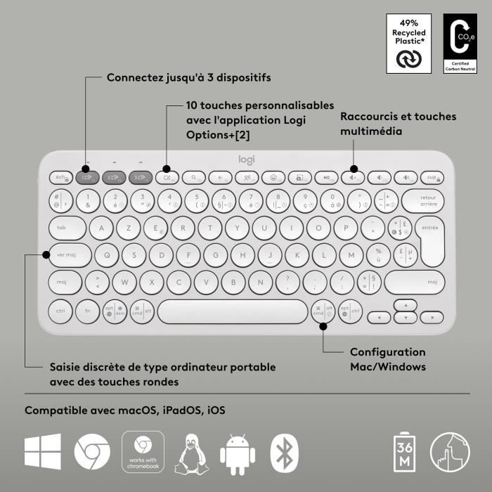 Logitech Pebble Keys 2 K380s Wireless Keyboard - Easy-Switch Buttons - White