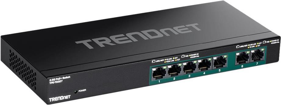 TRENDnet TPE TG327 - Switch - unmanaged - 5 x 10/100/1000 (PoE+) + 2 x 10/100/1000/2.5G (PoE+) - wandmontierbar - PoE+ (70 W) - TAA-konform