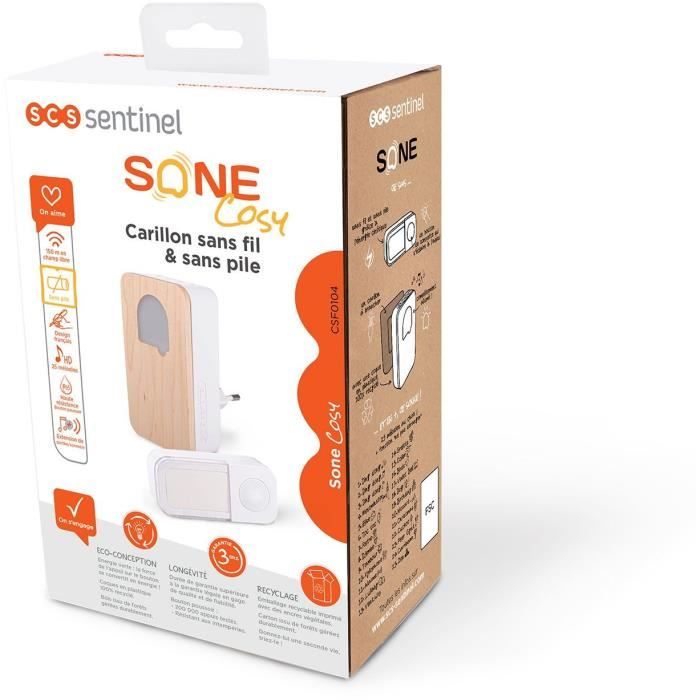 SCS SENTINEL CSF0104 SONE Cosy Doorbell - Wood - Wireless, Battery-Free - 150 m Range - 25 Melodies IP65