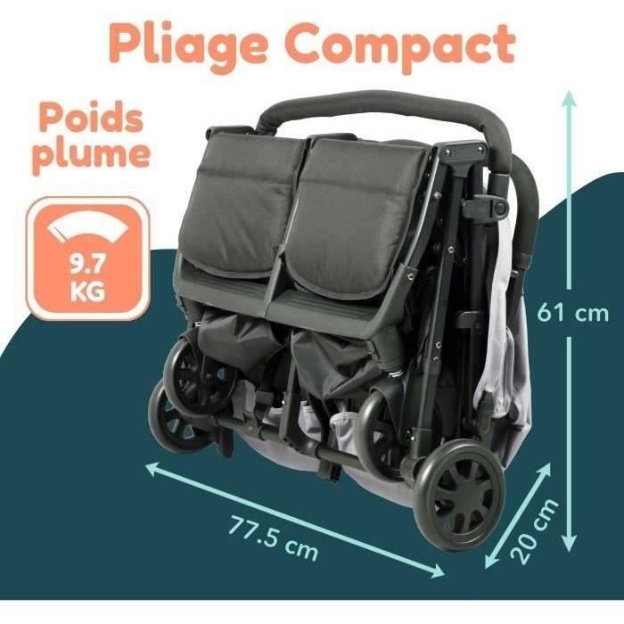 BAMBISOL DS209 Side-by-Side Double Stroller - For Twins from Birth - Ultra-Compact Fold - Black Grey