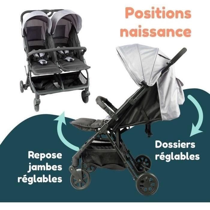 BAMBISOL DS209 Side-by-Side Double Stroller - For Twins from Birth - Ultra-Compact Fold - Black Grey