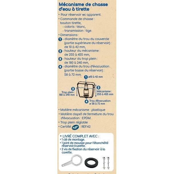 ROUSSEAU Pull-chain Toilet Flush Mechanism - NF Certified - Powerful Flow Rate 3.5 L/s - Adjustable 255-455 mm