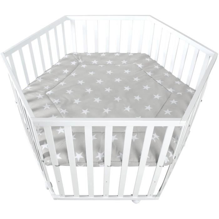 ROBA Hexagonal Baby Playpen - LITTLE STARS - Adjustable Height - White Lacquered Wood