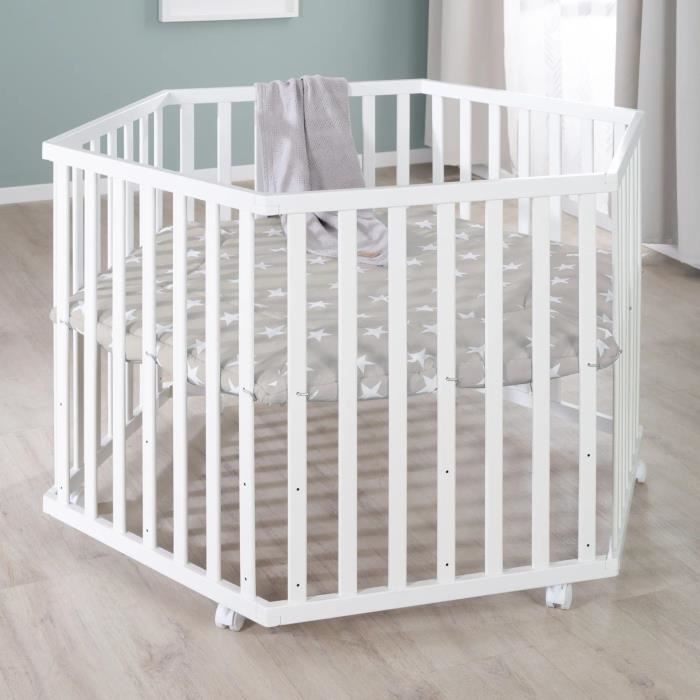 ROBA Hexagonal Baby Playpen - LITTLE STARS - Adjustable Height - White Lacquered Wood