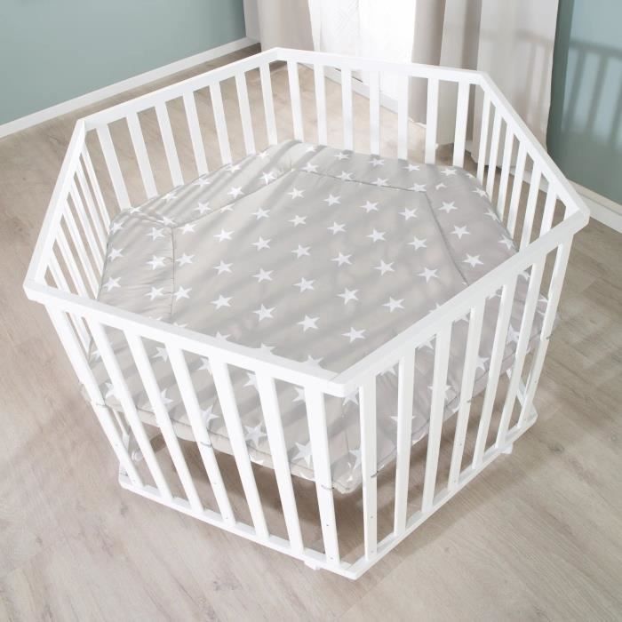 ROBA Hexagonal Baby Playpen - LITTLE STARS - Adjustable Height - White Lacquered Wood