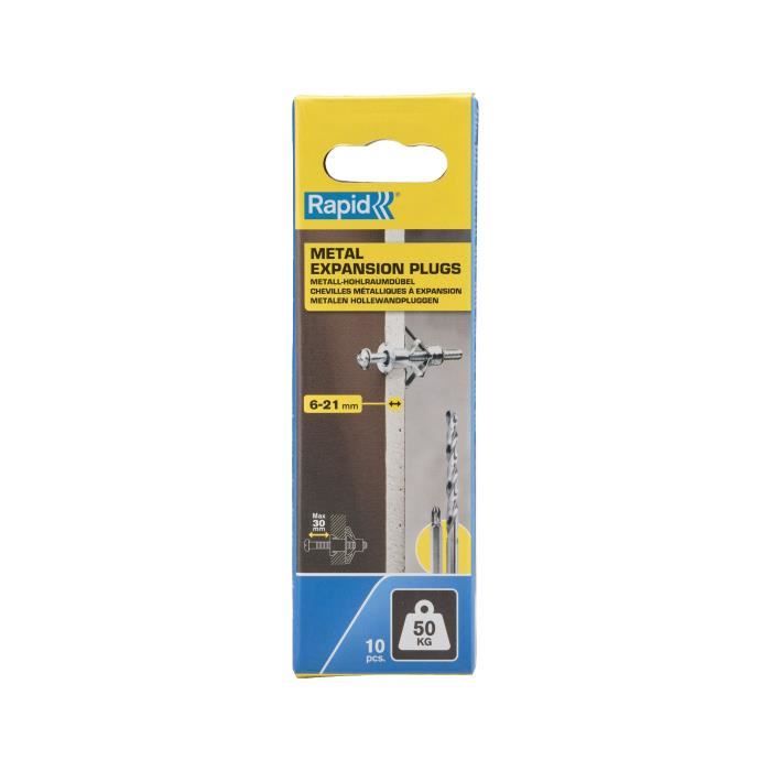 RAPID Metal Expansion Anchors for Plasterboard - 6-21 mm - Pack of 10 - Max Load 50 kg (5001553)