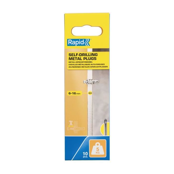 RAPID Self-drilling Wall Plugs - Metal for Plasterboard Walls 6-16 mm - Pack of 10 - Max Load 5 kg - No Drilling Required
