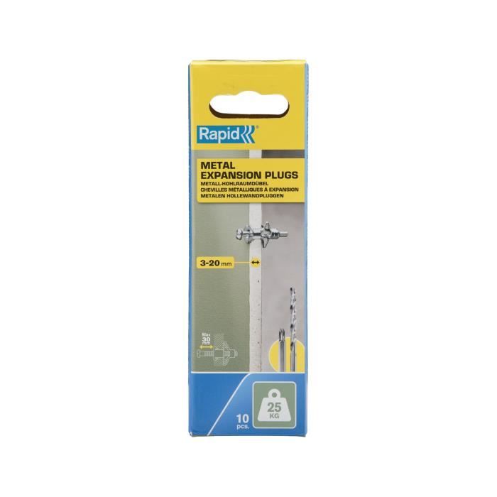 RAPID Expansion Anchors - Metal for Plasterboard 3-20 mm - Pack of 10 - Max Load 25 kg - (5001548)