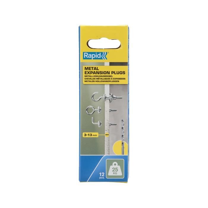 RAPID Expansion Anchors - Metal for Plasterboard 3-13 mm - Pack of 12 Wall Hook Screws - Max Load 25 kg - (5001556)