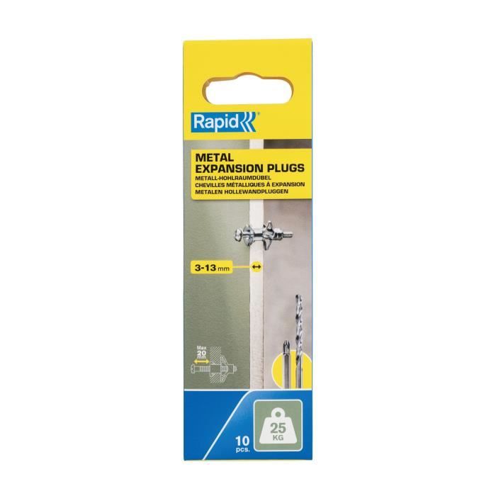 RAPID Expansion Anchors - Metal for Plasterboard Partitions 3-13 mm - Pack of 10 - Max Load 25 kg - (5001546)