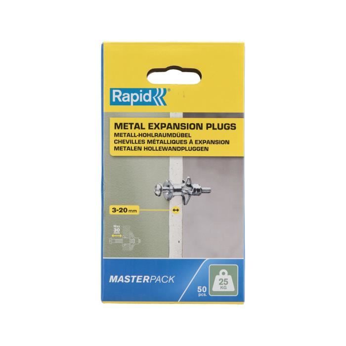 RAPID Expansion Anchors - Metal for Plasterboard 3-20 mm - Pack of 50 - Max Load 25 kg - (5001562)
