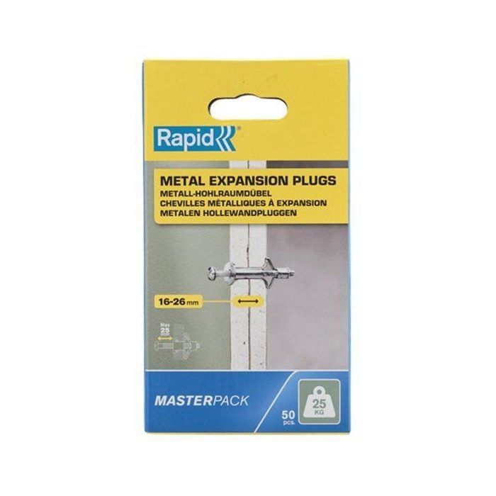 RAPID Metal Expansion Anchors for Plasterboard - 16-26 mm - Pack of 50 - Max Load 25 kg (5001561)