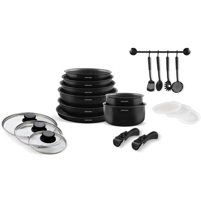 Arthur Martin Induction Cookware Set - 20 Pieces - AM558 - Aluminum - Removable Handle - Suitable for All Hobs Including Induction