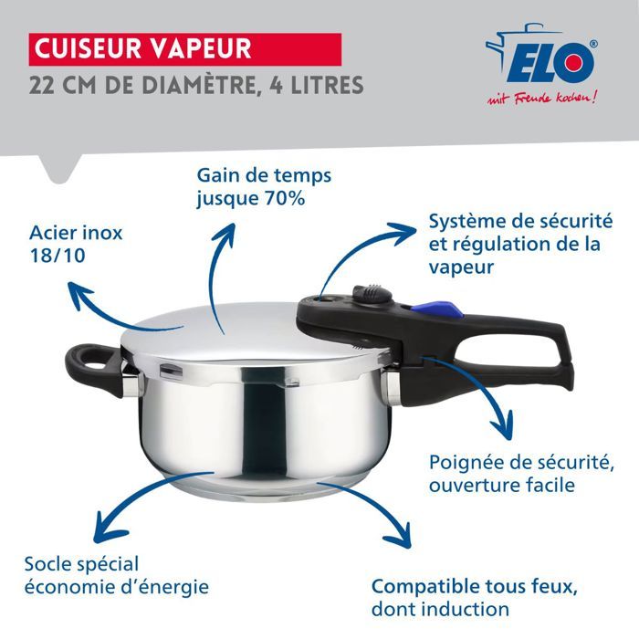 FACKELMANN Pressure Cooker - Elo Praktika - 22 cm - 4 Liters - 18/10 Stainless Steel