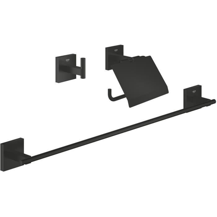 GROHE 3-in-1 Accessory Set - Matte Black - Towel Rail, Toilet Paper Holder, Robe Hook