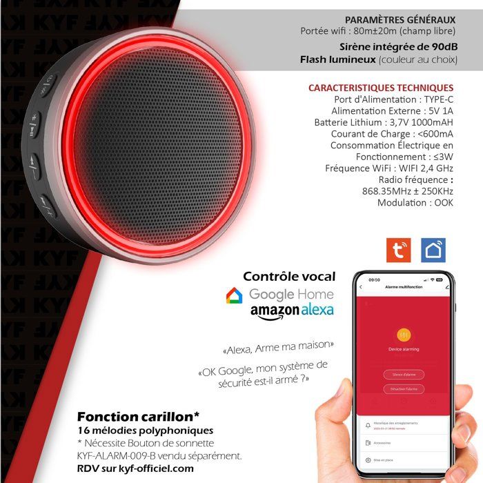 KYF Alarm Kit - 868MHz - WiFi - 90dB Siren - 2 Flashing Lights - 2 Remote Controls