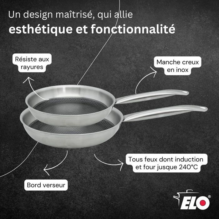 ELO Set of 2 Induction Frying Pans - Relief Solutions - Stainless Steel - Ø24 and Ø28 cm