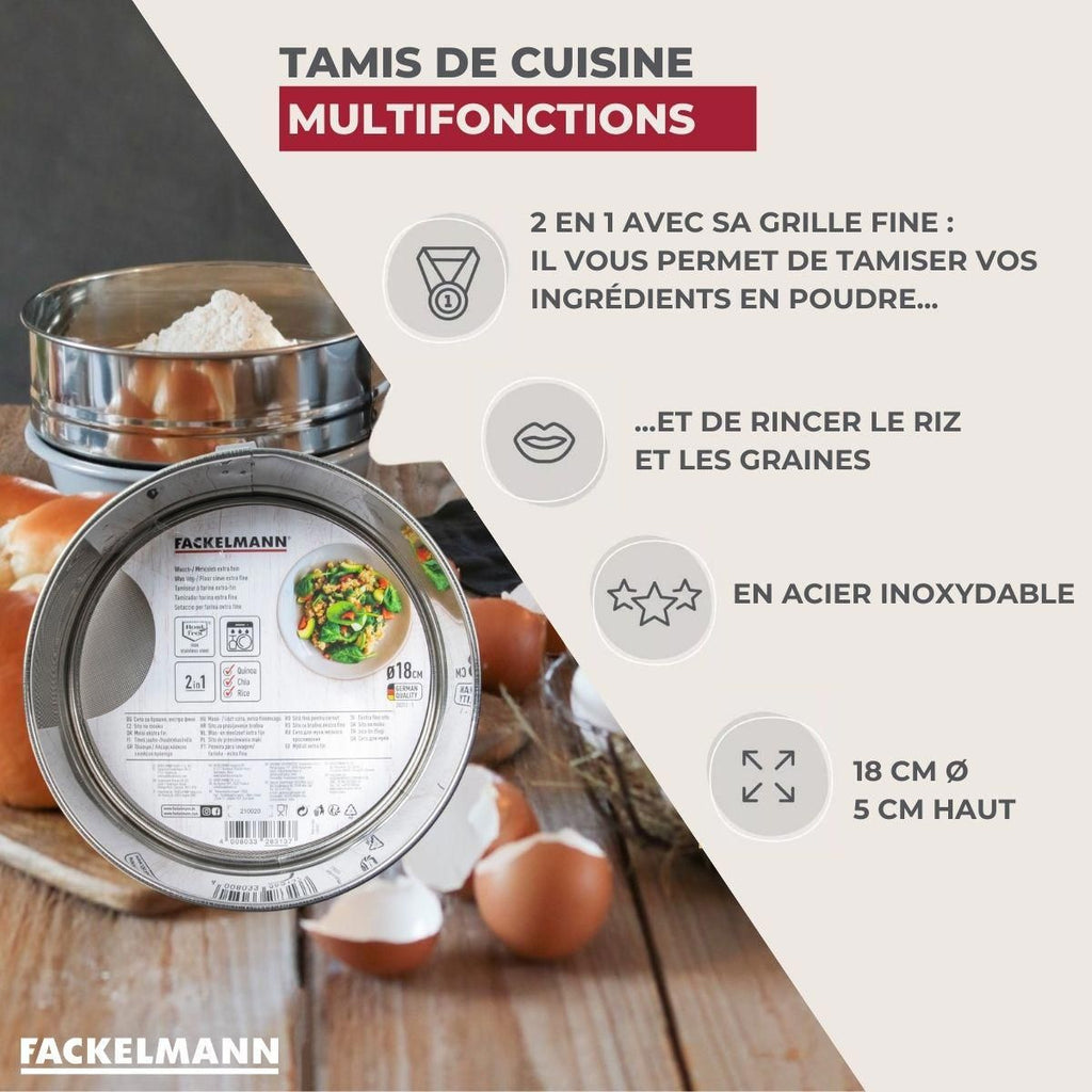 FACKELMANN Set of 2 Extra-Fine Stainless Steel Kitchen Sieves - 18 cm