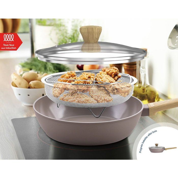ARTHUR MARTIN Sauté Pan - Suitable for All Hobs Including Induction - AM9910 - Ceramic Coating - Ø 24 cm - Stainless Steel Lid