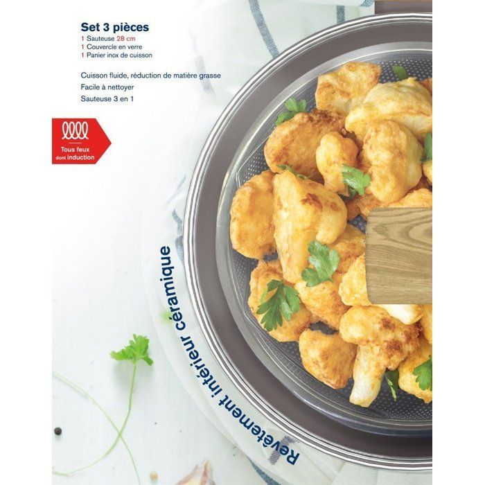 ARTHUR MARTIN Sauté Pan - Suitable for All Hobs Including Induction - AM9910 - Ceramic Coating - Ø 24 cm - Stainless Steel Lid