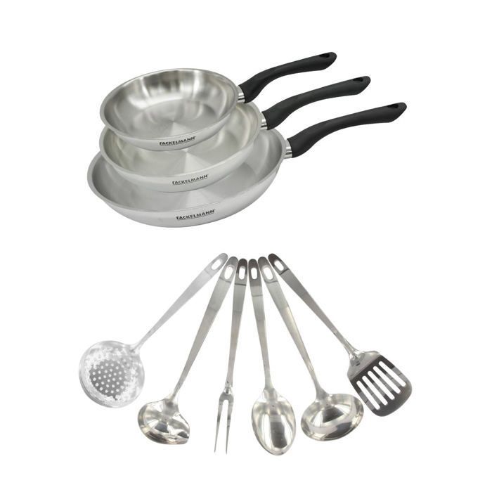 Fackelmann Geneva Cookware Set - 3 Stainless Steel Pans - 20,24, 28 cm - 6 Utensils