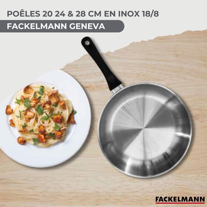 Fackelmann Geneva Cookware Set - 3 Stainless Steel Pans - 20,24, 28 cm - 6 Utensils