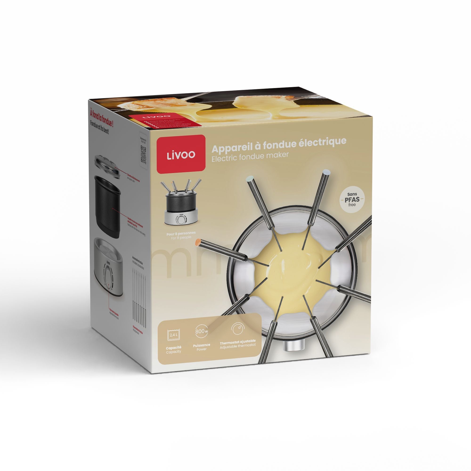 Livoo Electric Fondue Set - DOC333 - 800W - Serves 8 - Non-Stick Pot - Stainless Steel Splash Guard