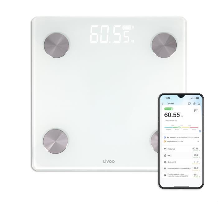 LIVOO Connected Body Composition Scale - DOM528W - 17 Indicators - 180 kg Capacity