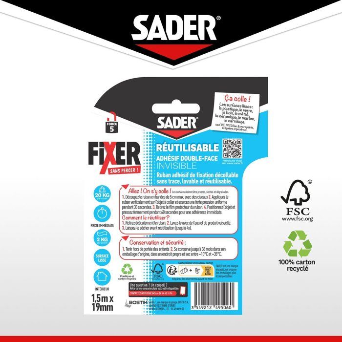 SADER Extra Double-sided Adhesive - Fix Without Drilling - Invisible - Removable/Reusable - Transparent - 1.5 m x 19 mm