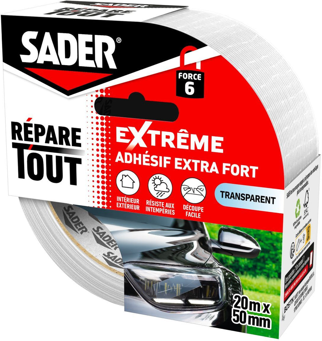 SADER Extra Strong Adhesive - Extreme All-Purpose Repair - Transparent - Indoor & Outdoor - All Surfaces - 20 m x 50 mm